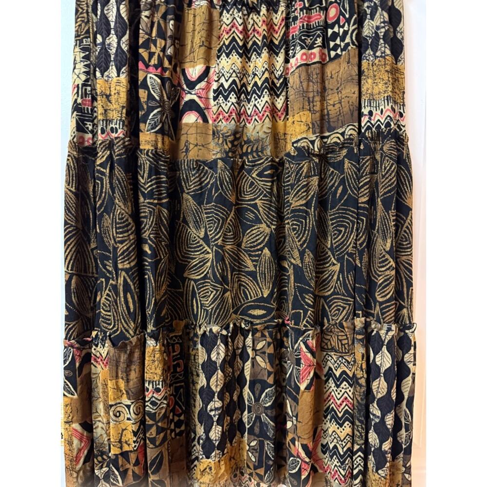 Vikki Vi Black and Gold Patchwork Tiered Maxi Skirt 1X - Picture 3 of 4